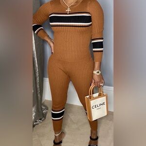 Brown Ribbed Pantsuit with Stripes